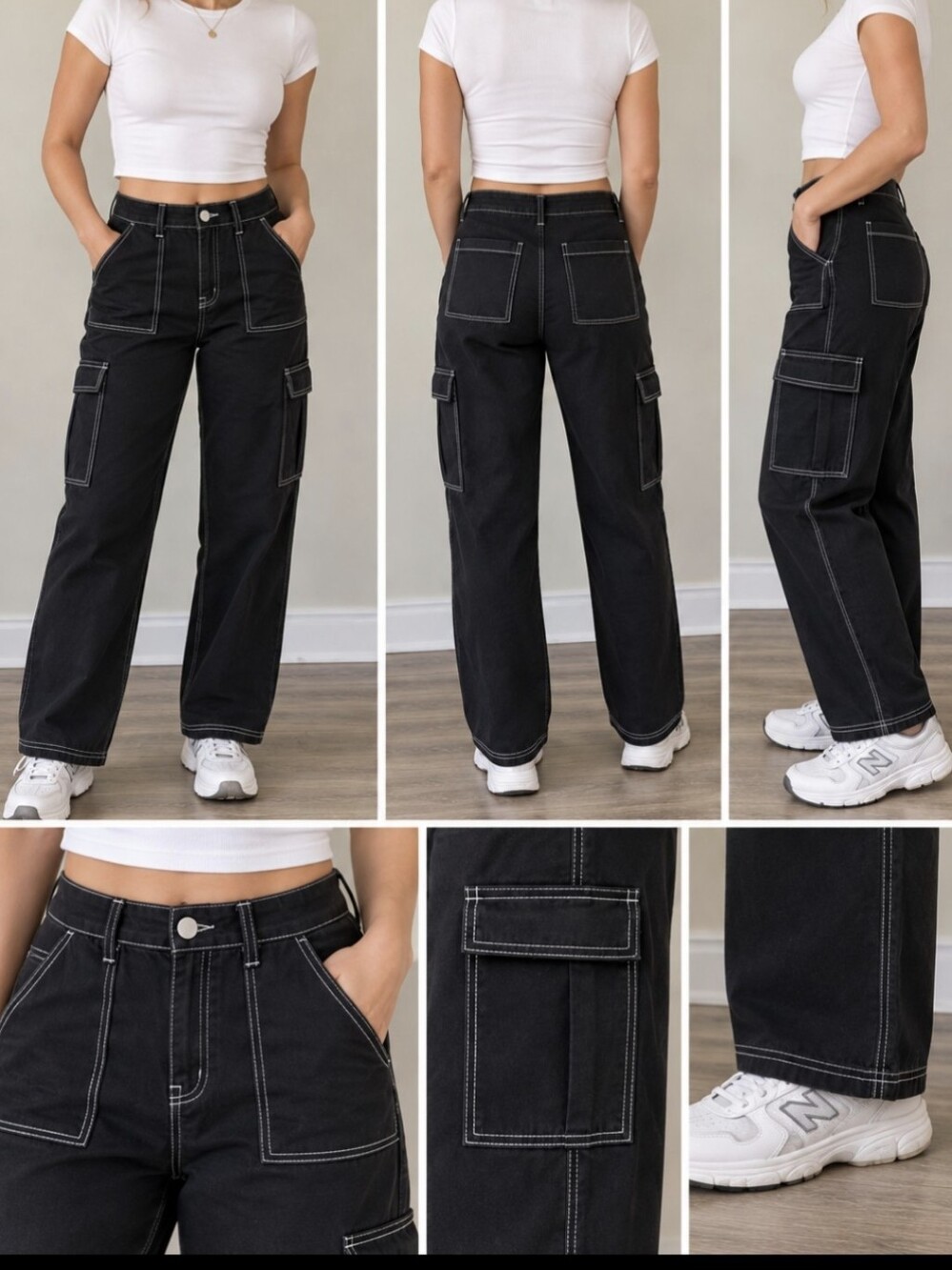 Hesperus Black Wide Leg Cargo Pants Large Contrast Stitch Utility 31" Waist